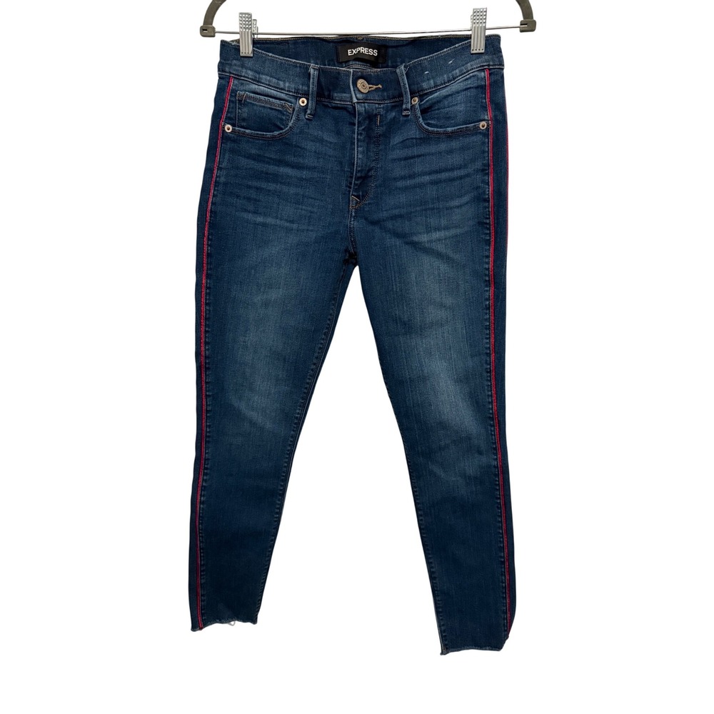 Express Denim Perfect Ankle Legging Mid Rise Jeans‎ Pink Trim Dark Wash 8R